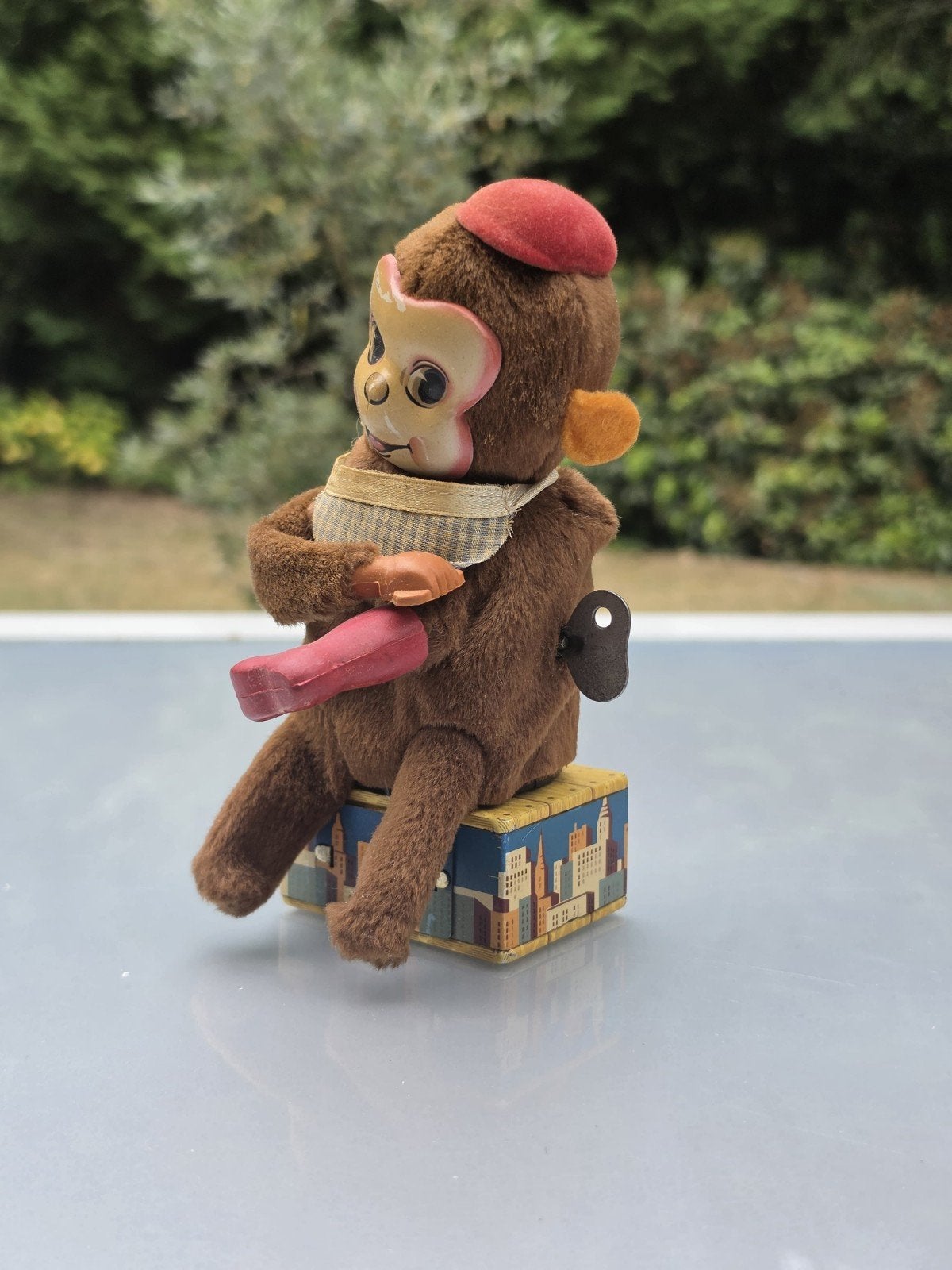 Oude blikken speelgoed aap shoe shine monkey Nomura Japan, Antiek en Kunst, Ophalen of Verzenden
