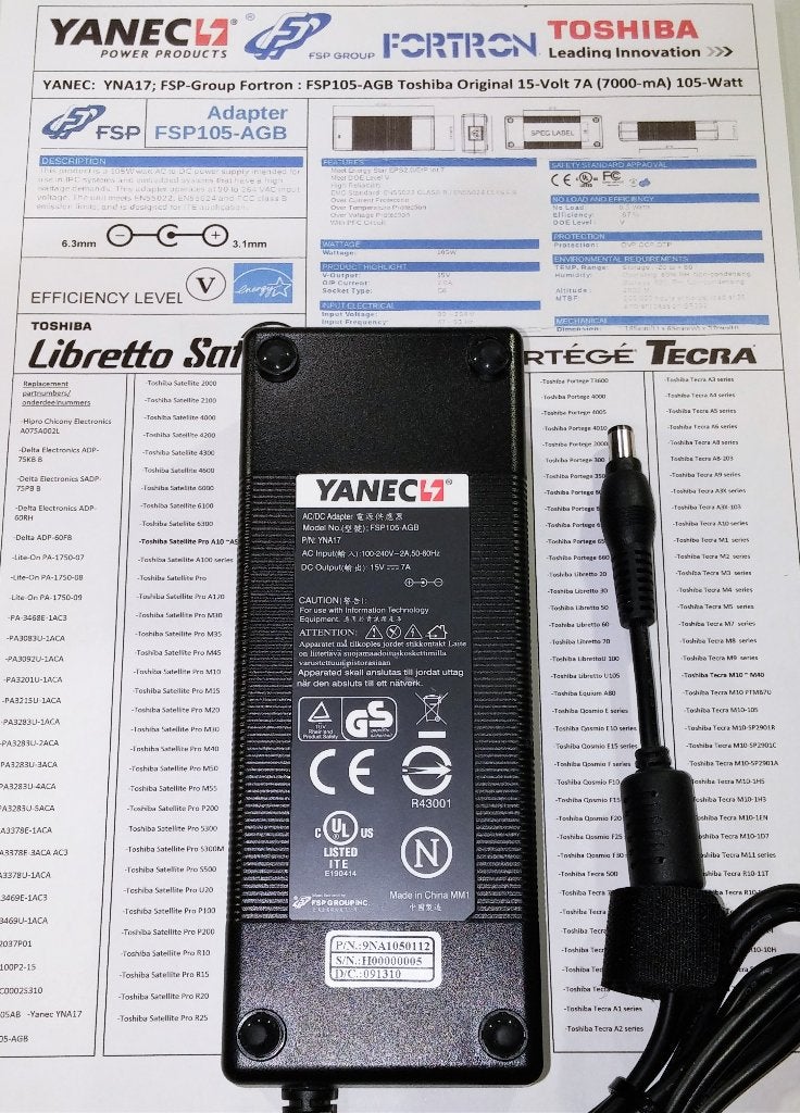Yanec YNA17 FSP105-AG Toshiba Satellite 15V 7A Adapter 105W, Ophalen of Verzenden, Nieuw, Toshiba
