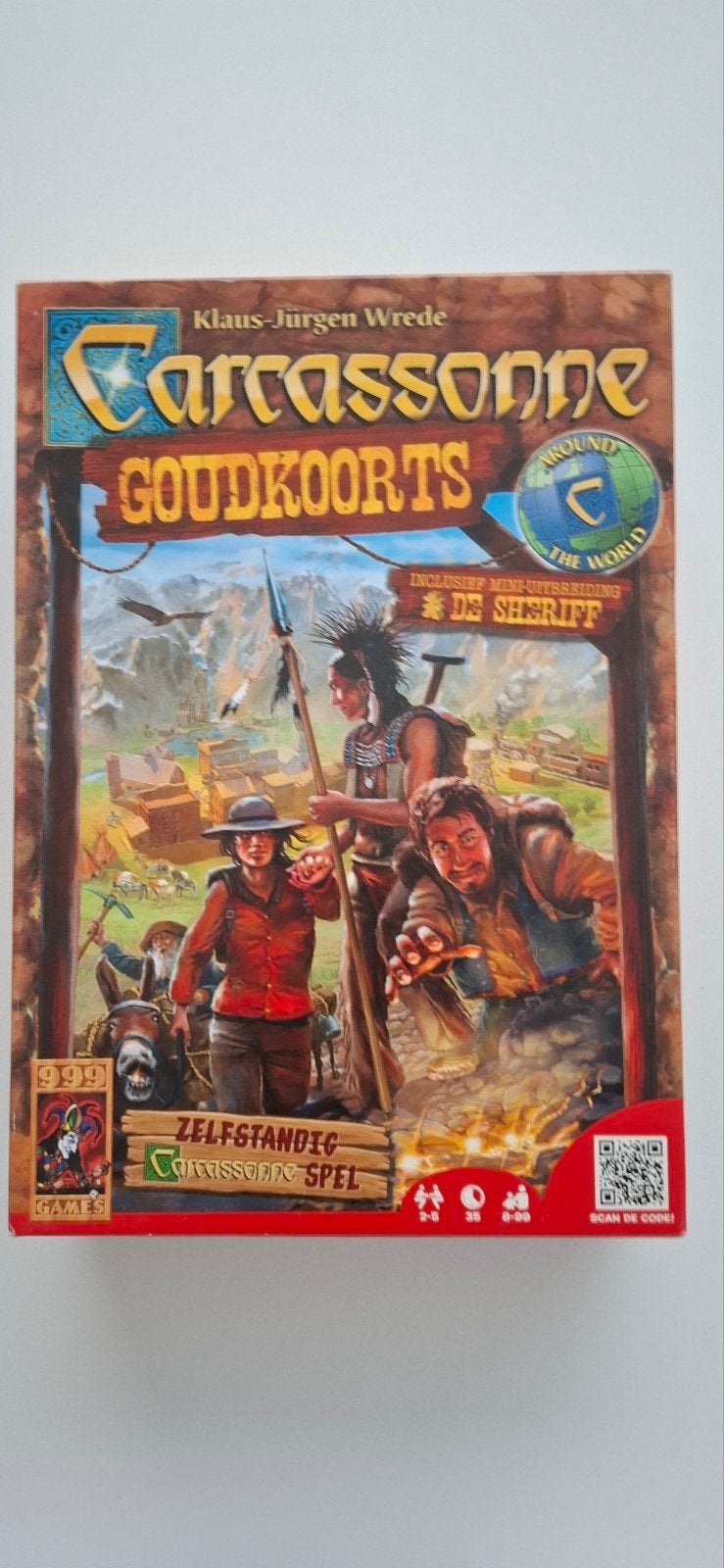 Carcassonne Goudkoorts + mini uitbreiding De Sheriff, Drie of vier spelers, Ophalen of Verzenden, Zo goed als nieuw, 999 Games