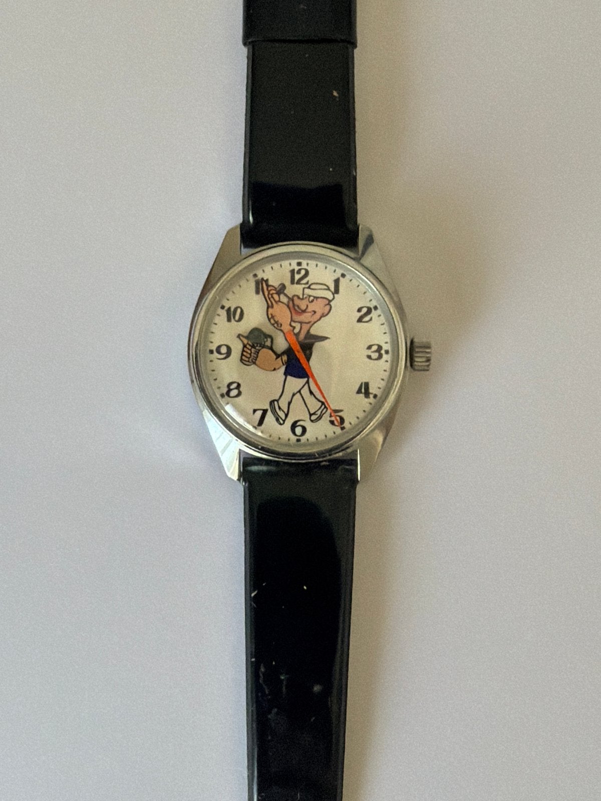Vintage Popeye Horloge - RVS Kast, Zwarte Kunstleren Band, Staal, Polshorloge, Kunststof, Ophalen of Verzenden