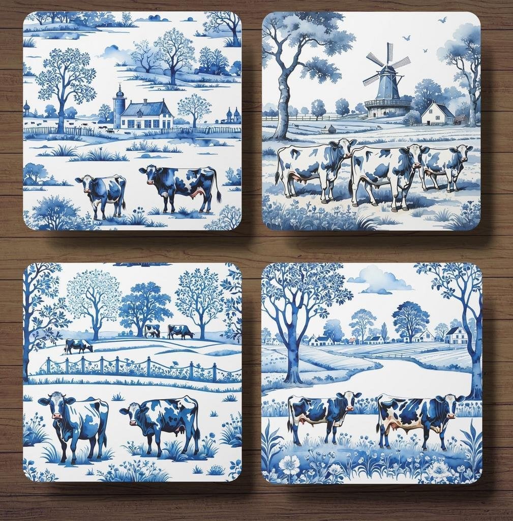 Delfts Blauw onderzetters landschap met koeien incl houder, Ophalen of Verzenden, Nieuw, Glas of Kopje