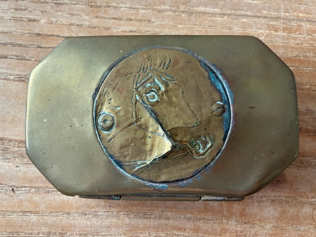 Vintage messing koperen tabaksdoos paard, Ophalen of Verzenden, Koper