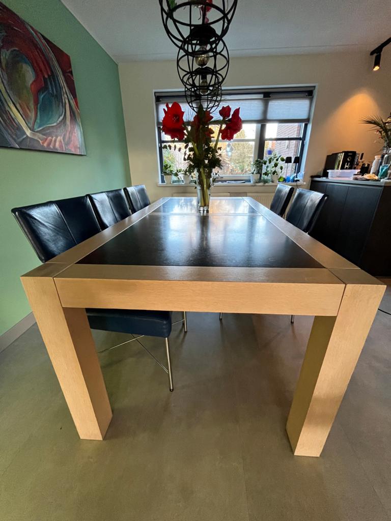 Kando Eiken Eettafel met Belgisch Hardsteen (200x100 cm), Ophalen, Gebruikt, 100 tot 150 cm, Eikenhout
