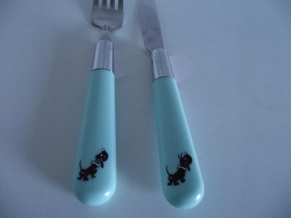 RVS turquoise Takkie kinderbestek vork mes 16,5 cm Hema p st, Ophalen of Verzenden, Zo goed als nieuw, Rvs of Chroom, Vaatwasserbestendig