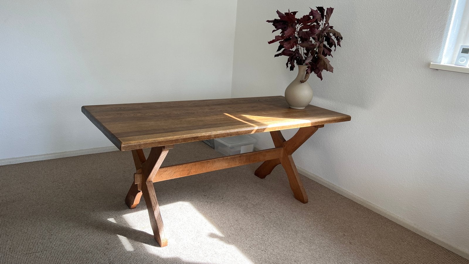 Massief houten taf met X-poot (180x83) - Jaren 70 / Vintage, Ophalen, Gebruikt, Eikenhout, 50 tot 100 cm