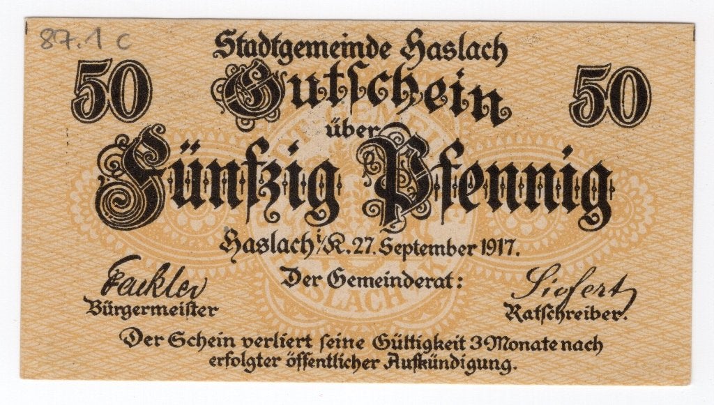 Duitsland notgeld 50 Pfennig Haslach, Verzenden, Duitsland