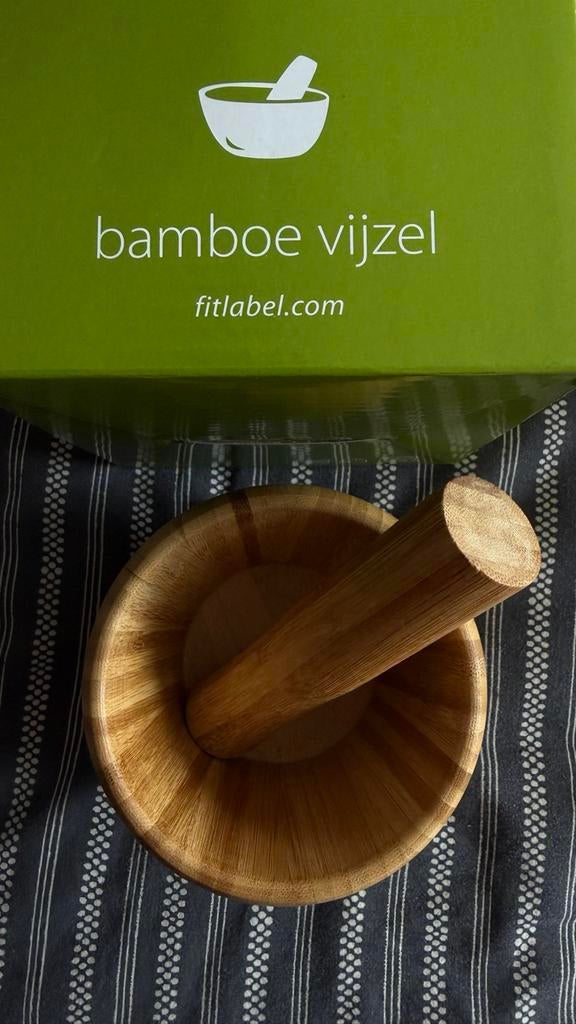 Bamboe vijzel met stamper - Fitlabel, Overige typen, Hout, Nieuw, Ophalen of Verzenden