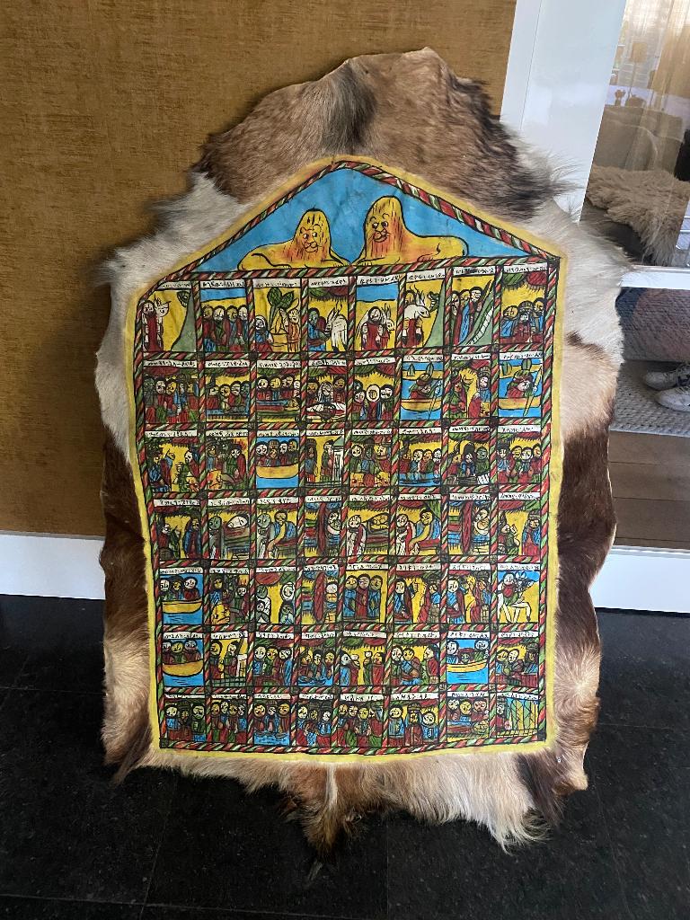 Ethiopisch handbeschilderd dierenvel, bijbels afb. jaren ’60, Ophalen