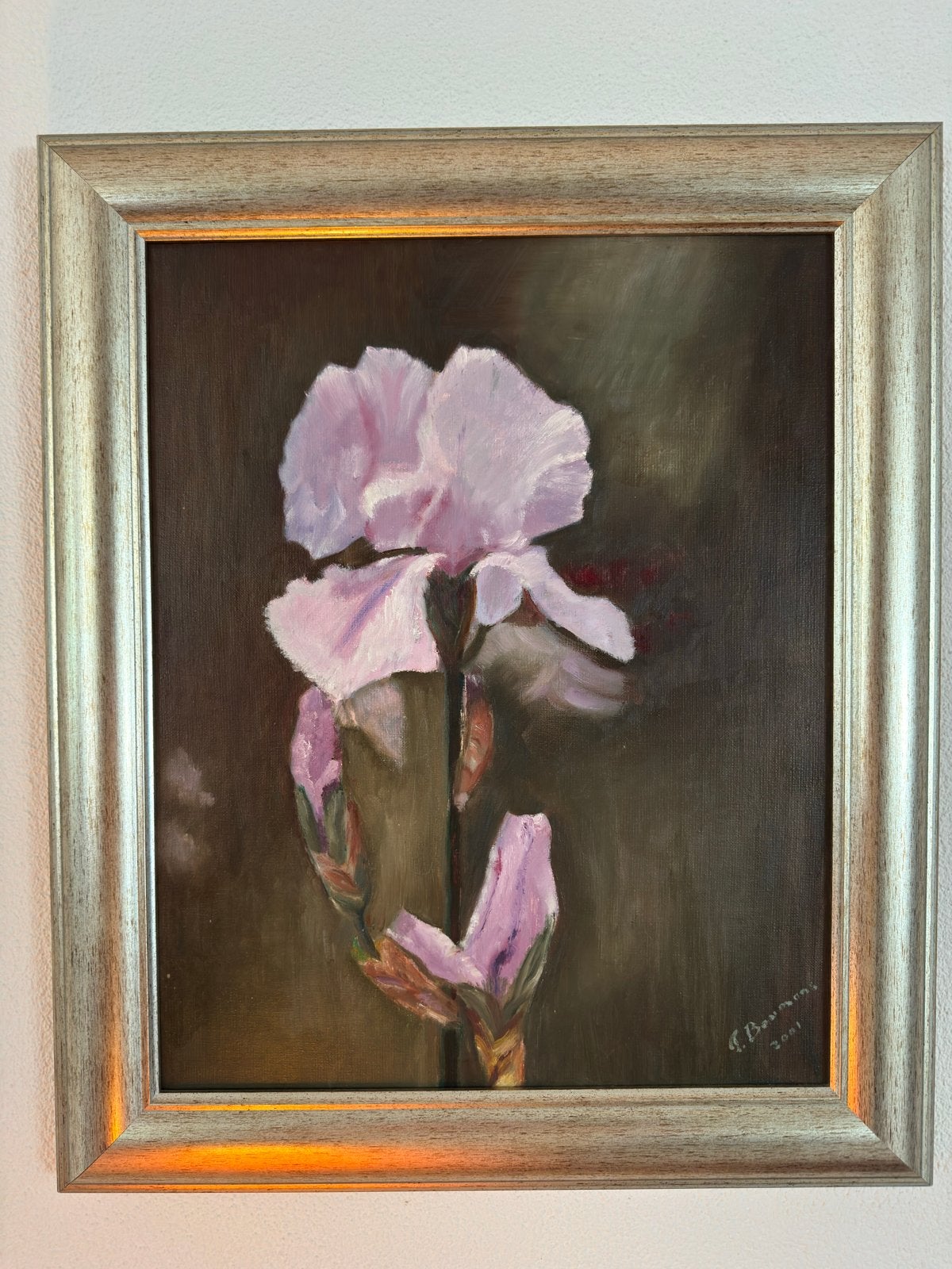 Roze Iris, Antiek en Kunst, Bloemen, Gedateerd, Doek, Realistisch