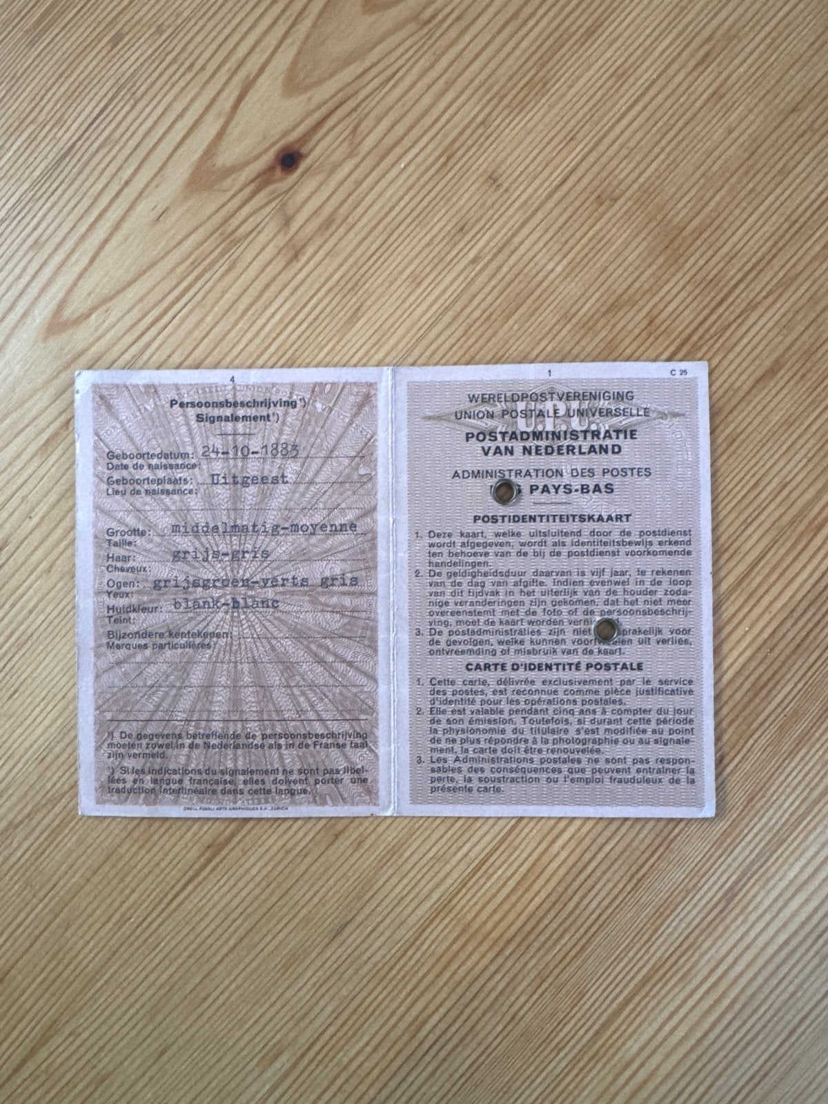Zeldzame Postidentiteitskaart 1935 - Historisch Document, Ophalen of Verzenden, Gebruikt