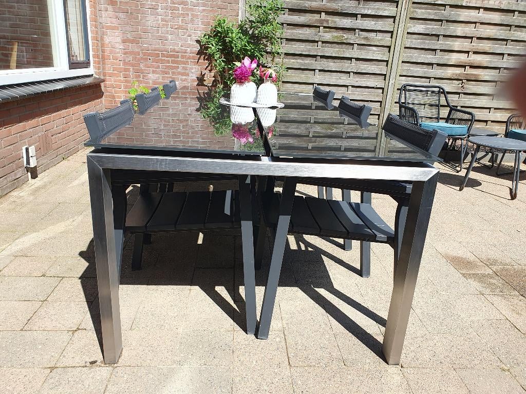 Grote tuintafel met 6 stoelen, Ophalen, Gebruikt, Rechthoekig, Aluminium