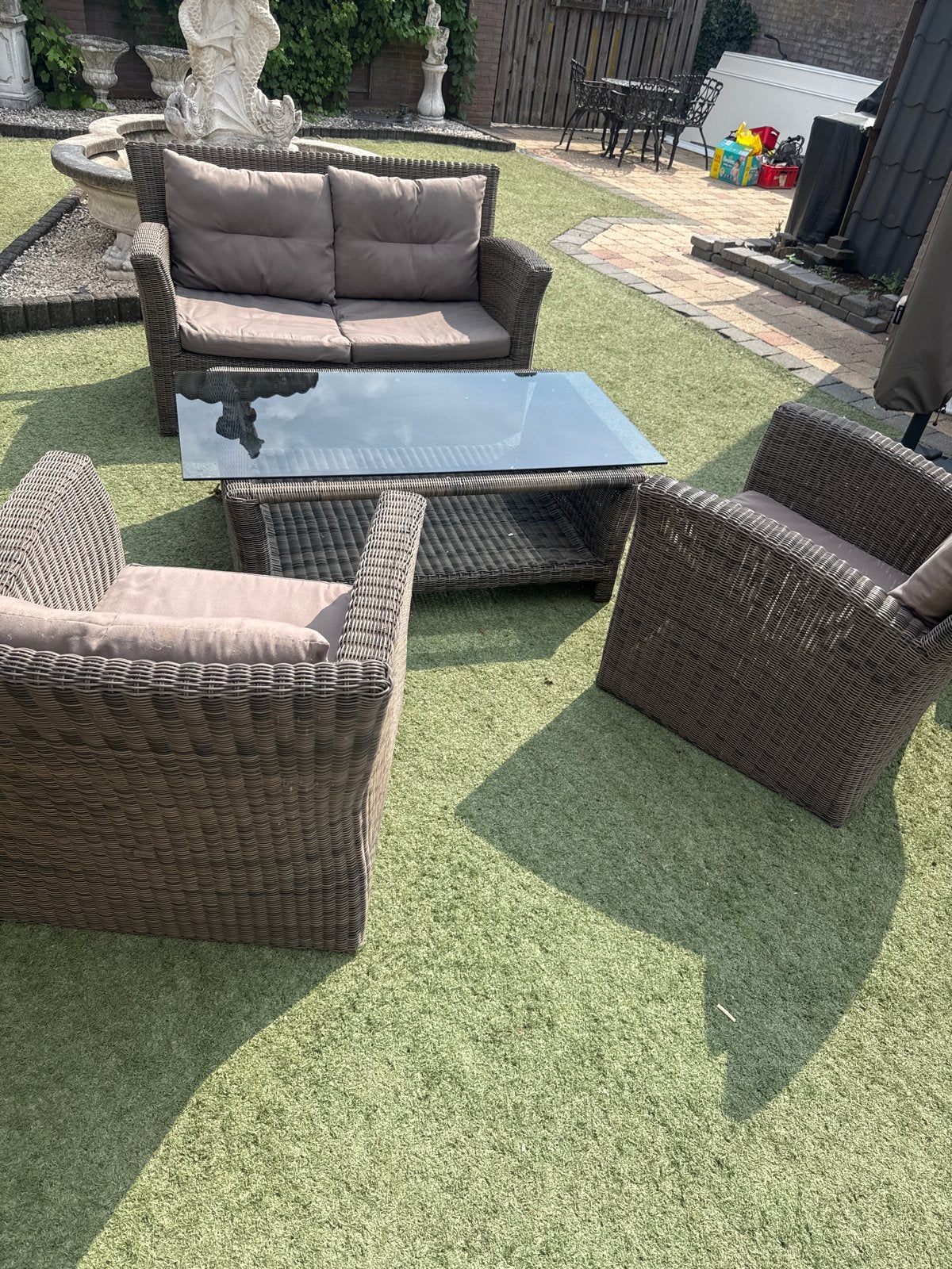 Bellagio Wicker Loungeset met Glazen Tafel, Ophalen, 4 zitplaatsen, Gebruikt, Loungeset