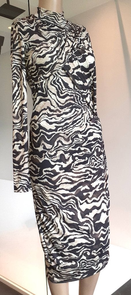 Midi Jurk zwart wit marmer motief H&M XS of 34, Zwart, Nieuw, Ophalen of Verzenden, Maat 34 (XS) of kleiner