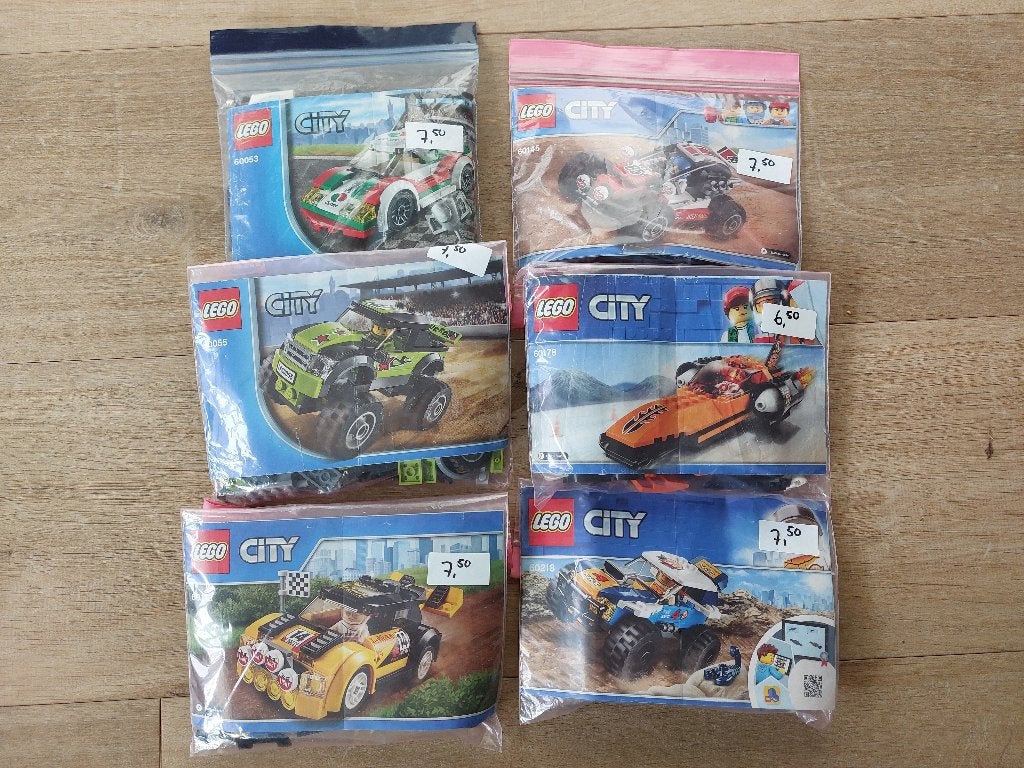 Partij van 6 Lego City thema: snelle auto´s / race auto´s, City, Gebruikte blokjes met nopjes, Lego, Ophalen of Verzenden