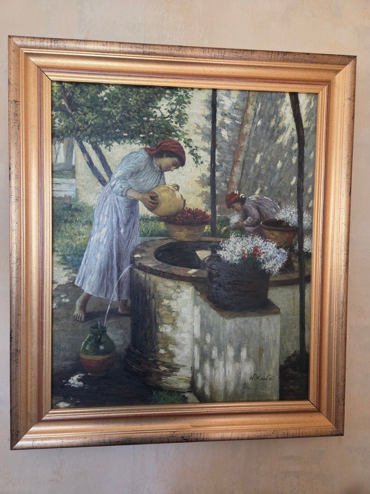 Klassiek schilderij: Vrouwen bij de waterput, Doek, Portret of Personen, Ophalen of Verzenden, Olieverf