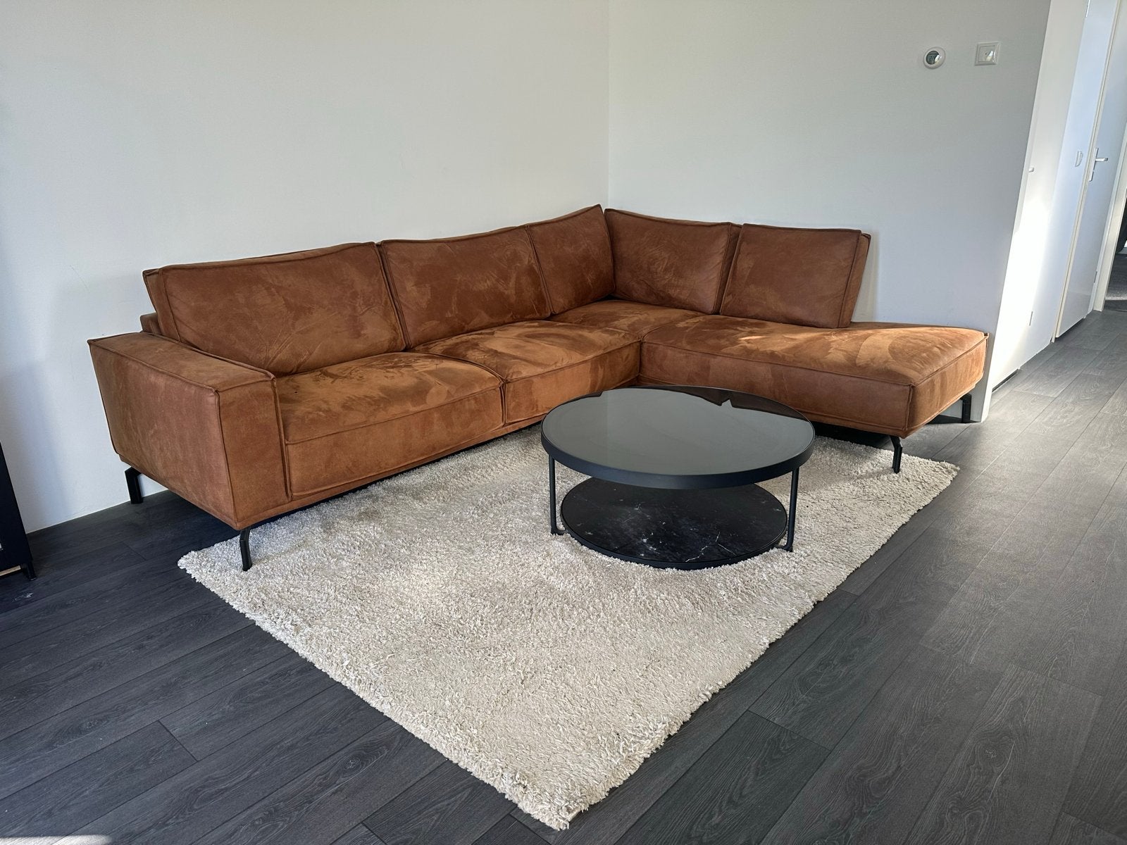 Moderne Hoekbank - Bruin Suède-look, Ophalen, 250 tot 300 cm, Hoekbank, 75 tot 100 cm