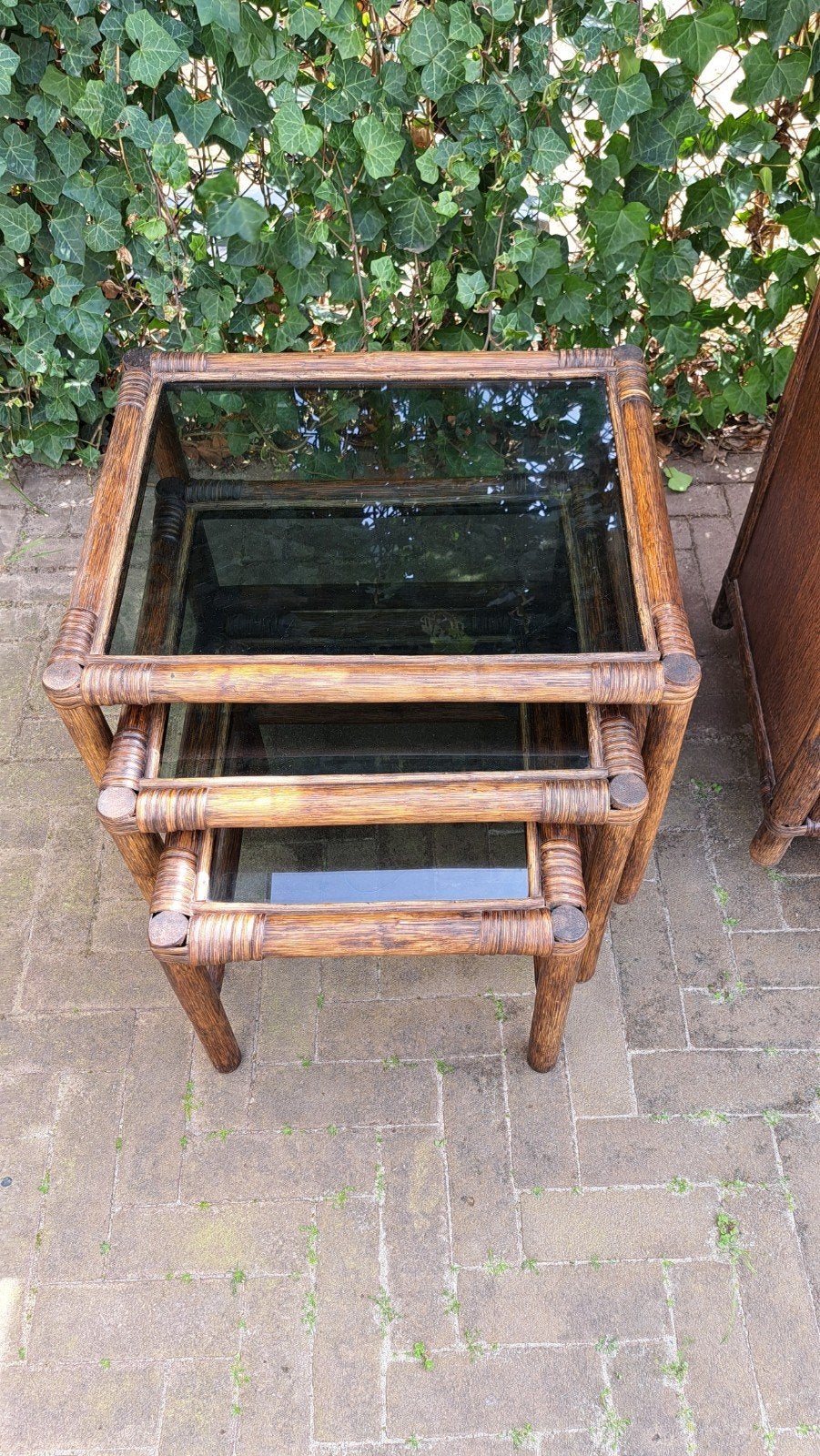 Vintage rotan bamboe nest tafel set smokey glass Boho Manou, 45 tot 60 cm, Overige materialen, Minder dan 55 cm, Boho Bohemian