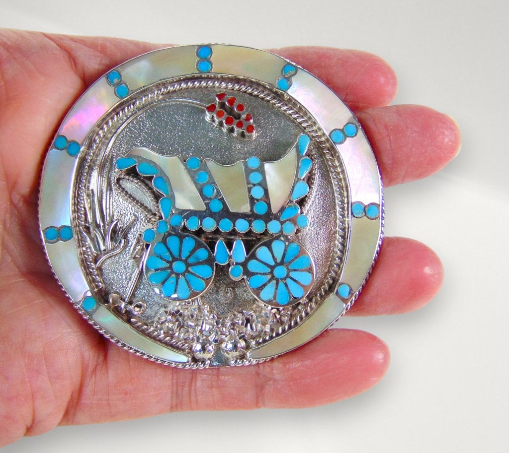 Grote ZELDZAME Zuni V. Dishta zilver turquoise bolo hanger!, Verzenden, Zo goed als nieuw, X, Met edelsteen