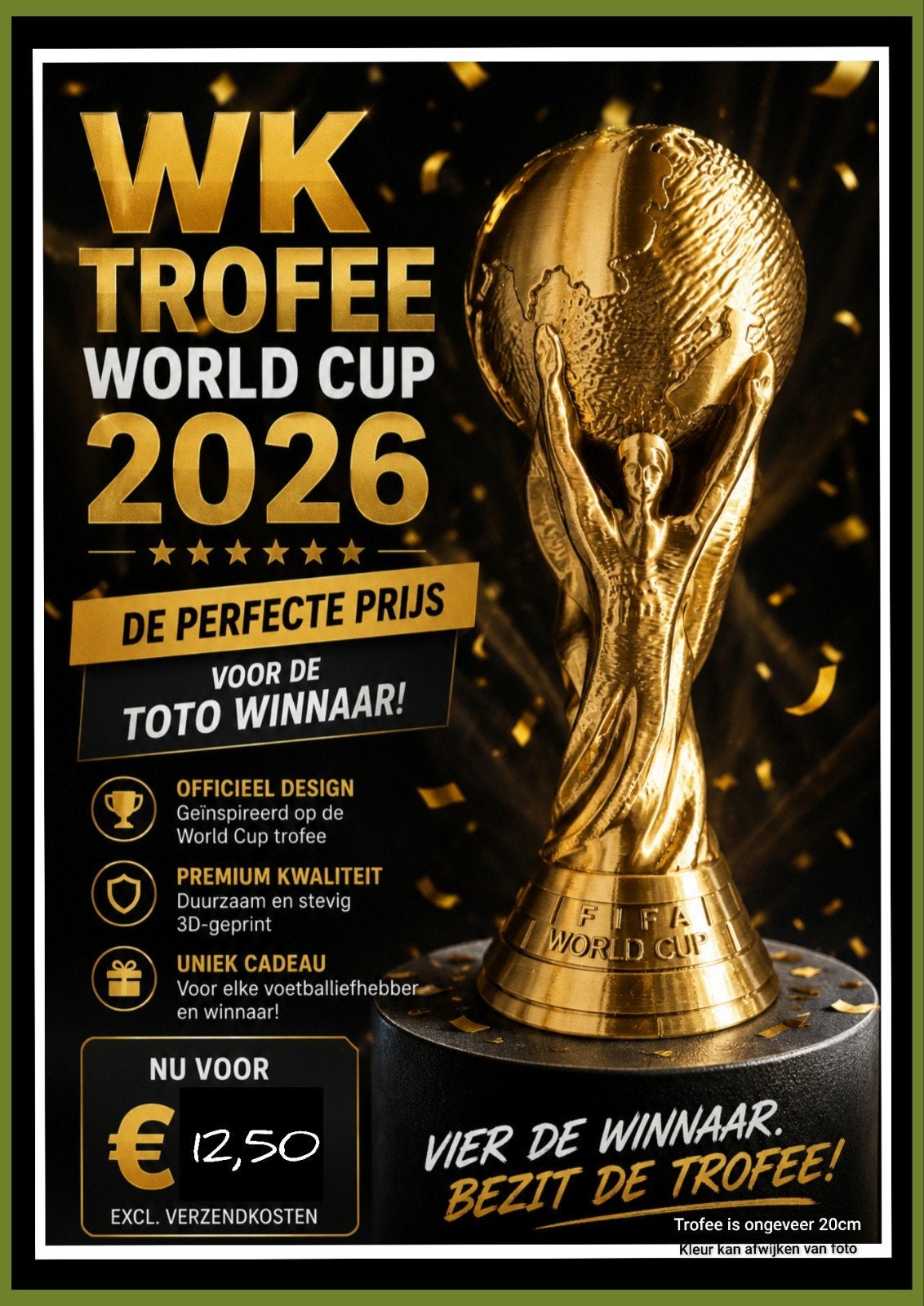 WK Trofee World Cup 2026 - 3D-geprint, Ophalen of Verzenden, Nieuw, Goud, Kunststof