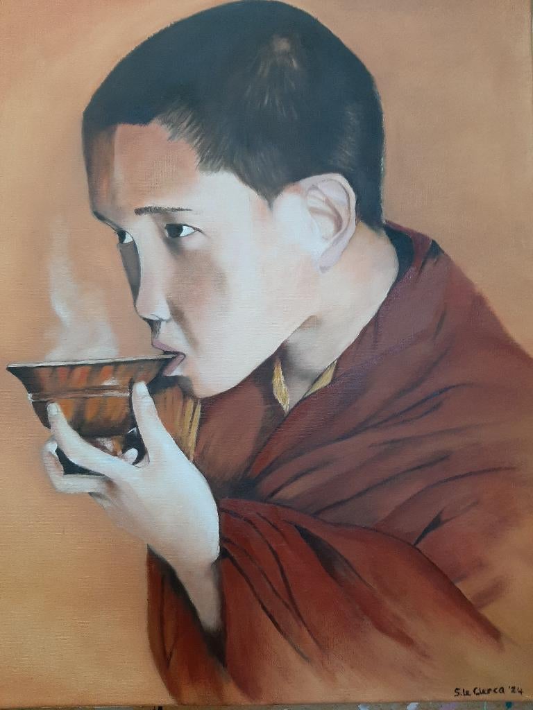 Een jonge Thaise monnik in olieverf, Minder dan 50 cm, Nieuw, Ophalen of Verzenden, Schilderij