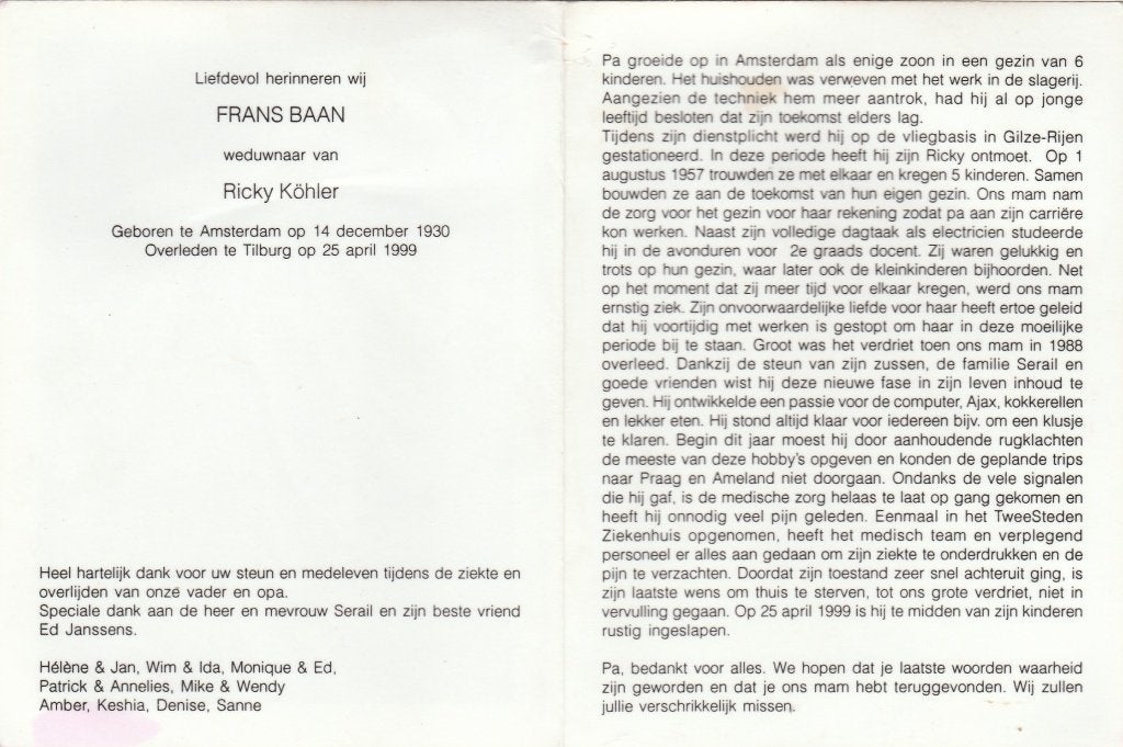 frans baan-amsterdam-tilburg 1999, Ophalen of Verzenden, Bidprentje