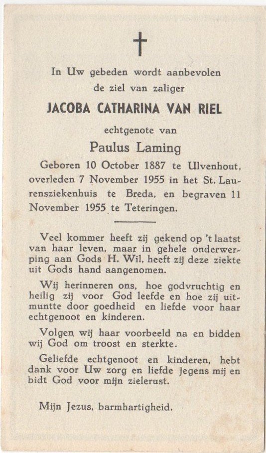 Jacoba C. van Riel 1887 Ulvenhout + 1955 Breda, 68 jaar oud, Verzenden