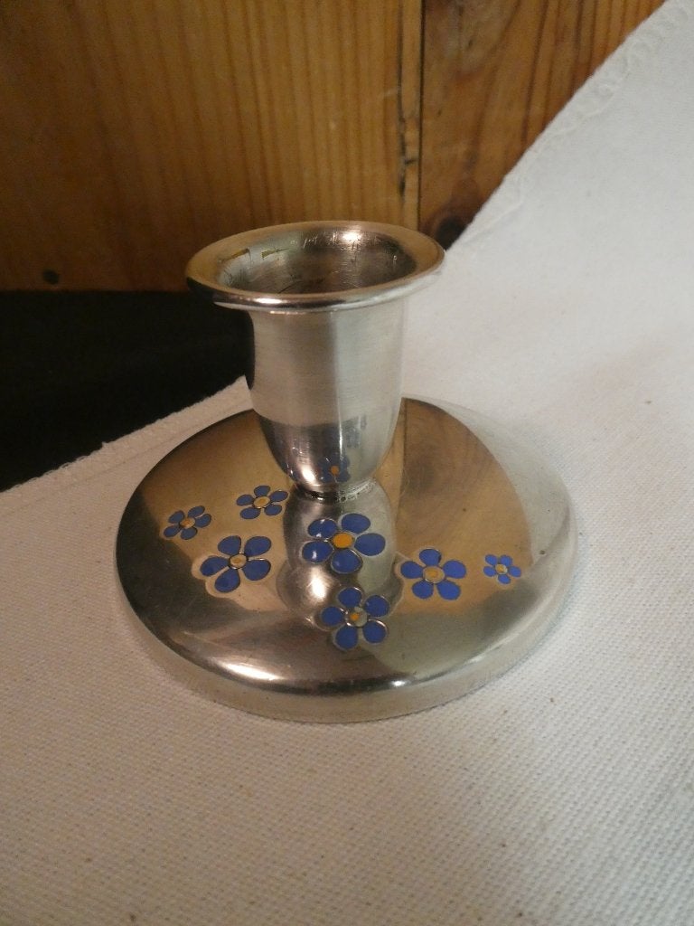 Meka denmark kandelaar emaille bloemen blauw geel, Gebruikt, Overige kleuren, Ophalen of Verzenden, Metaal