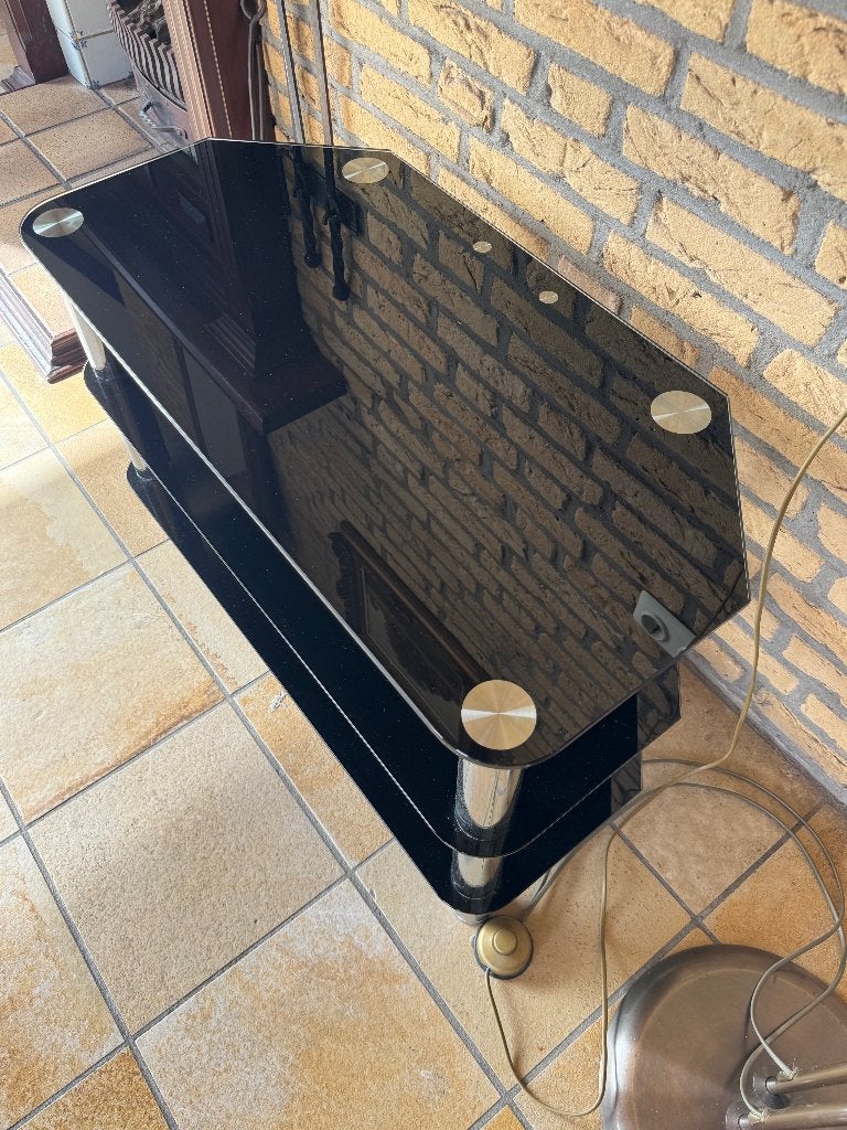 Zwart glazen tv-meubel met 3 planken, Huis en Inrichting, Ophalen, 100 tot 150 cm, Zo goed als nieuw, Glas