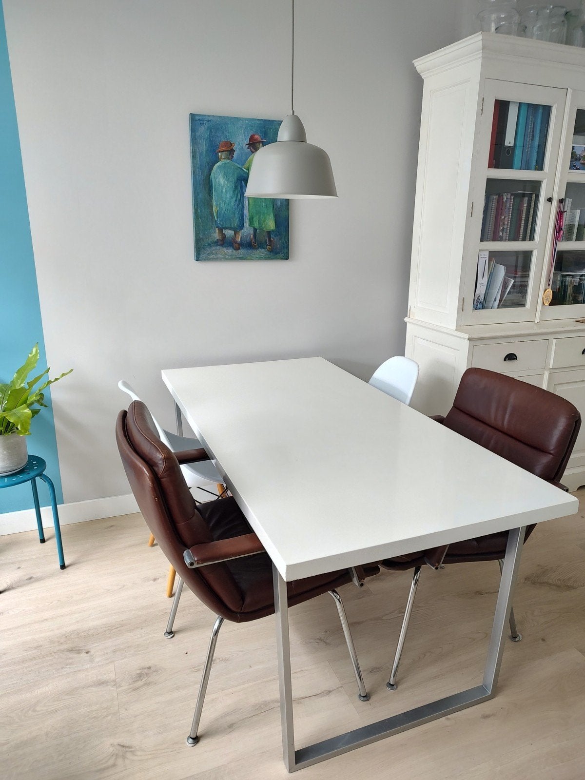 Moderne witte tafel met RVS steunen 160-80 cm, Huis en Inrichting, Tafels | Eettafels, Ophalen, Kunststof, Gebruikt, 50 tot 100 cm