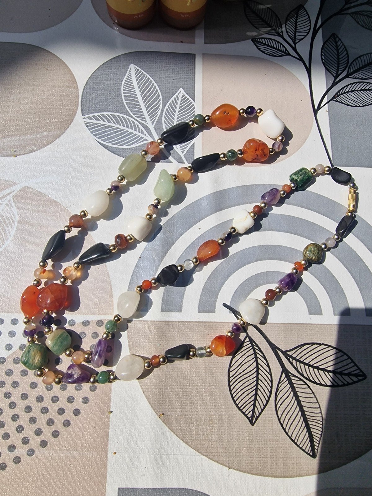 Vintage Agaat Ketting met Diverse Edelstenen, Gebruikt, Overige kleuren, Ophalen of Verzenden, Steen of Mineraal
