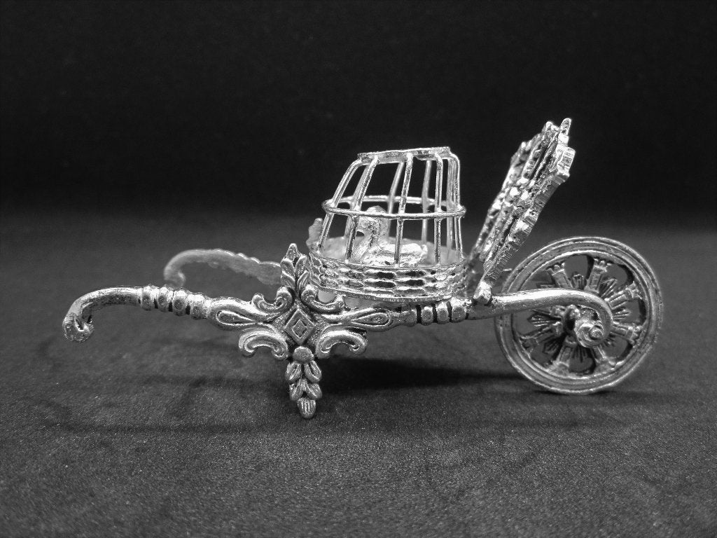 ZILVEREN MINIATUUR KRUIWAGEN MET MAND EN 2 EENDEN, Ophalen, Zilver