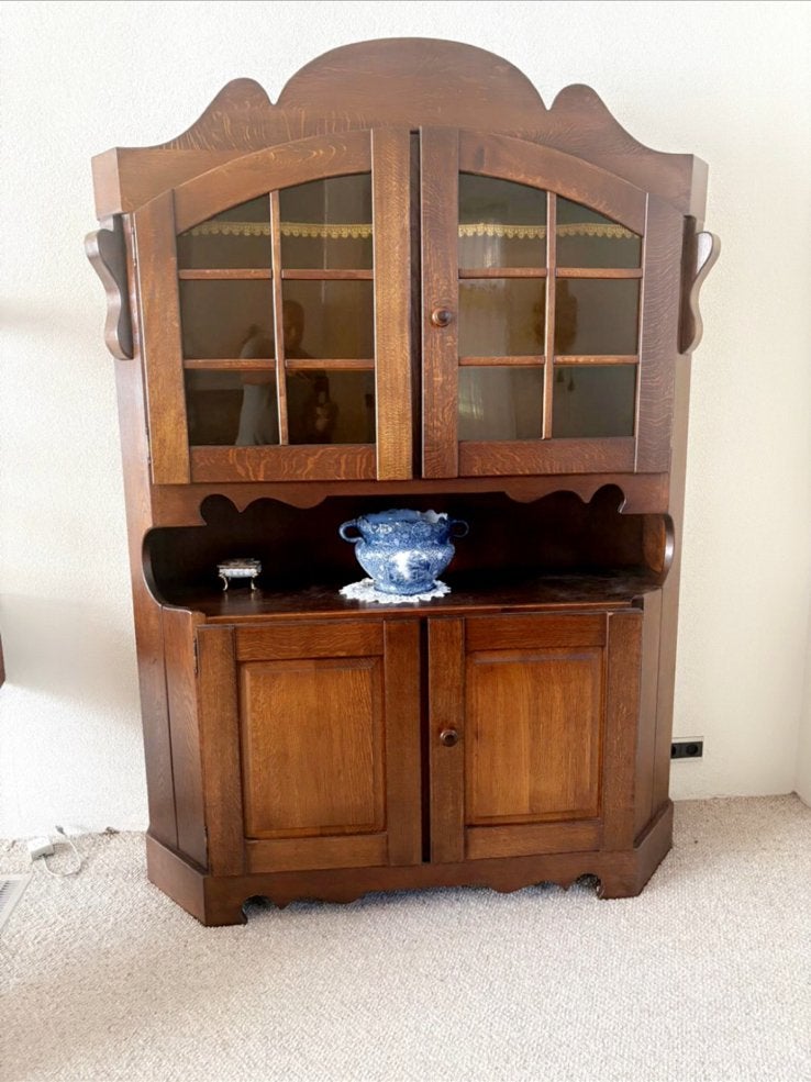 Klassieke houten buffetkast met glazen deuren – vintage, Huis en Inrichting, Ophalen, Gebruikt, 100 tot 150 cm, Eikenhout