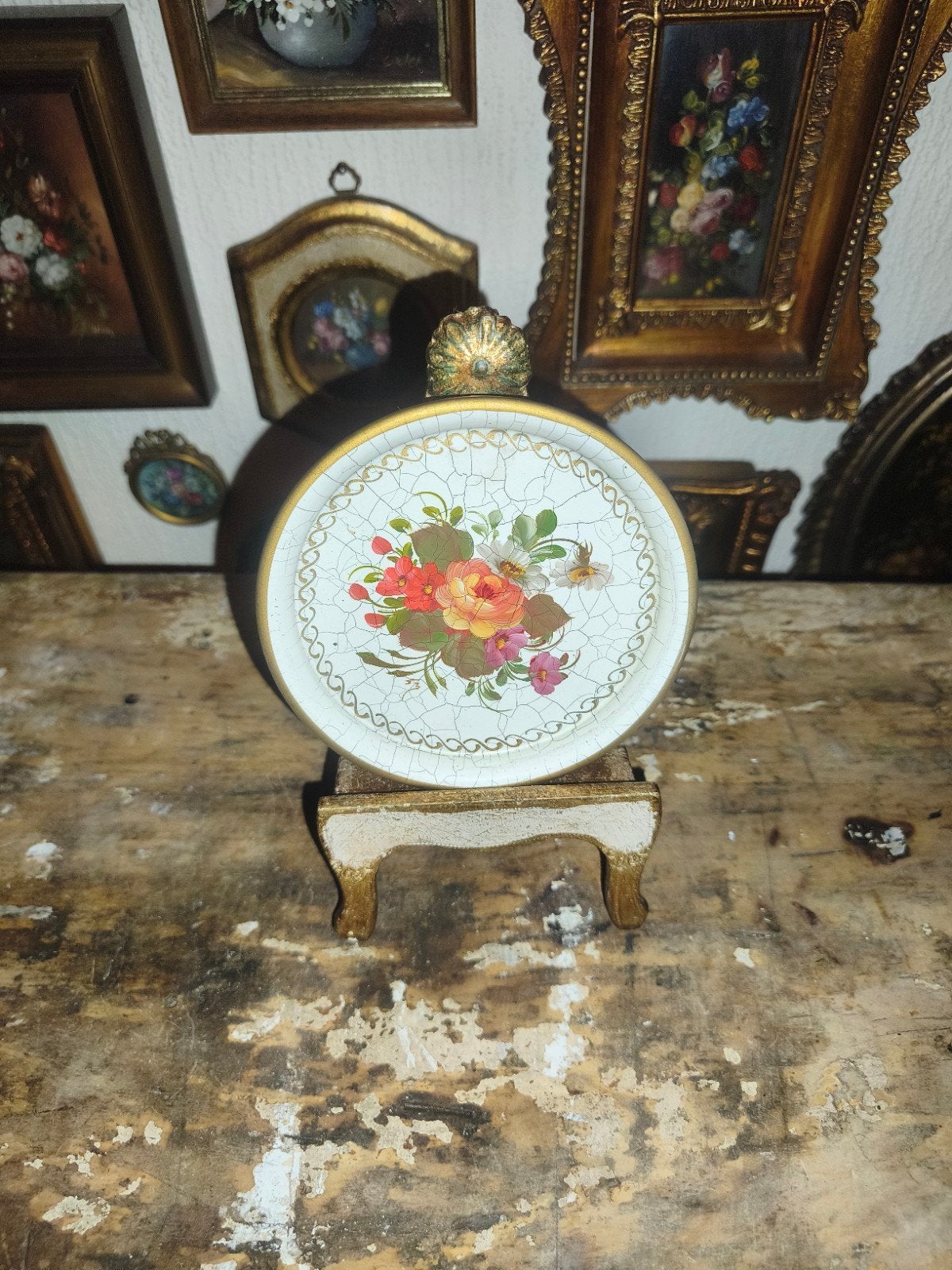 oud metalen schilderijtje met handgeschilderde bloemen X83, Antiek en Kunst, Ophalen of Verzenden