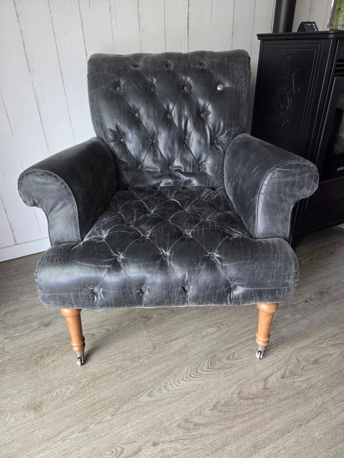 Riviera Maison fauteuil, donkergrijs leer, Ophalen, Gebruikt, 75 tot 100 cm, Klassiek, Landelijk