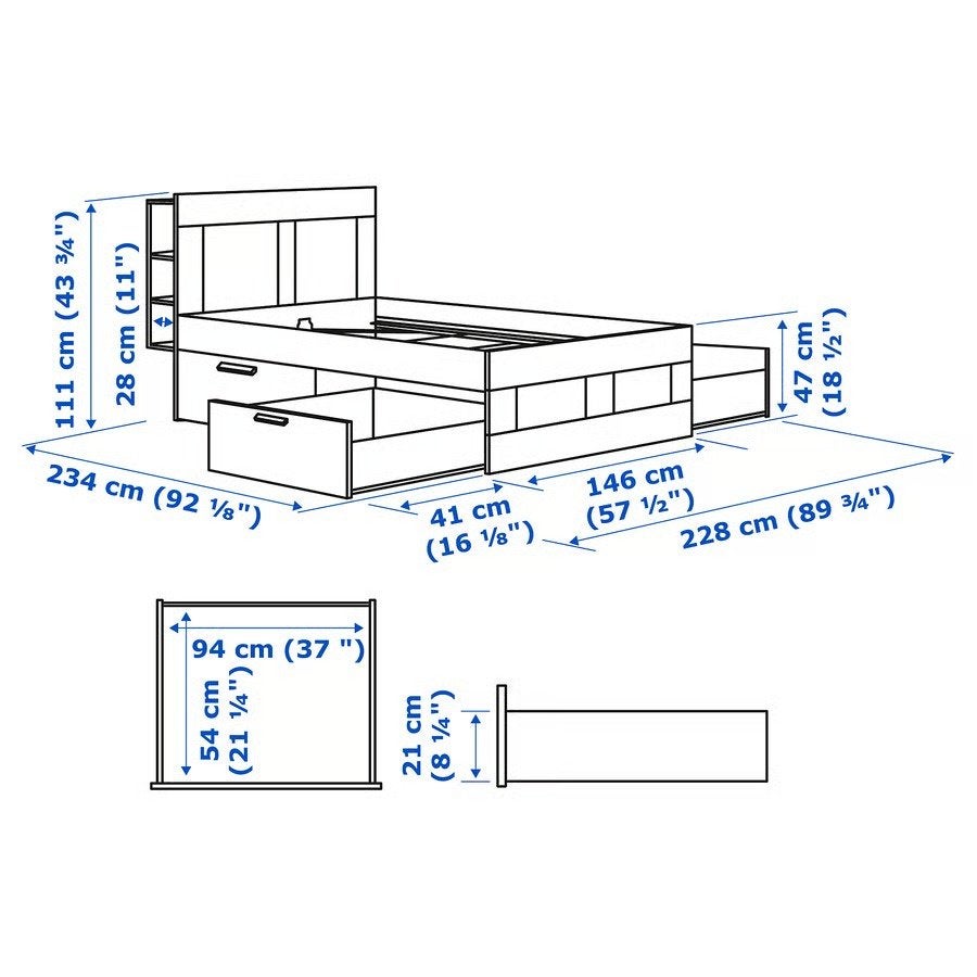 Brimnes bedframe 140x200 met opberglades, Ophalen, Wit, Tweepersoons, 140 cm