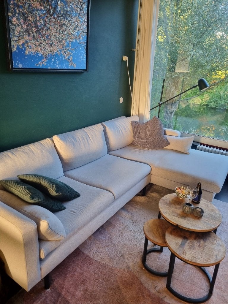 Comfortabele hoekbank, lichtgrijs (Nous Living Wehkamp), Ophalen, 250 tot 300 cm, Gebruikt, Modern en comfortabel