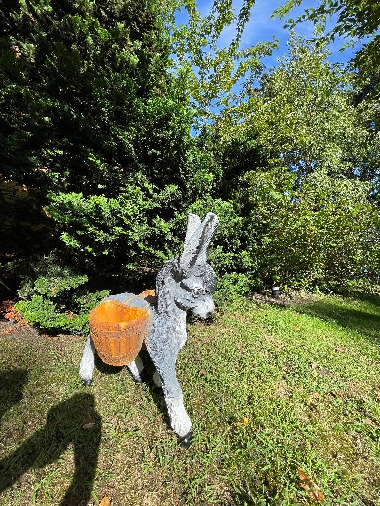 Tuinbeeld ezels met mandje Grijs gazon, tuin, 75cm, Ophalen, Nieuw, Kunststof, Dierenbeeld