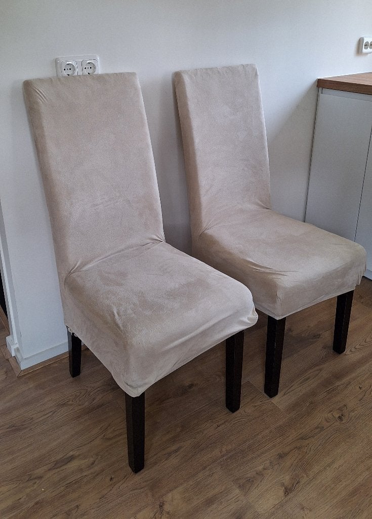 Twee eettafelstoelen met hoes, Huis en Inrichting, Stoelen, Ophalen, Gebruikt, Twee, Bruin