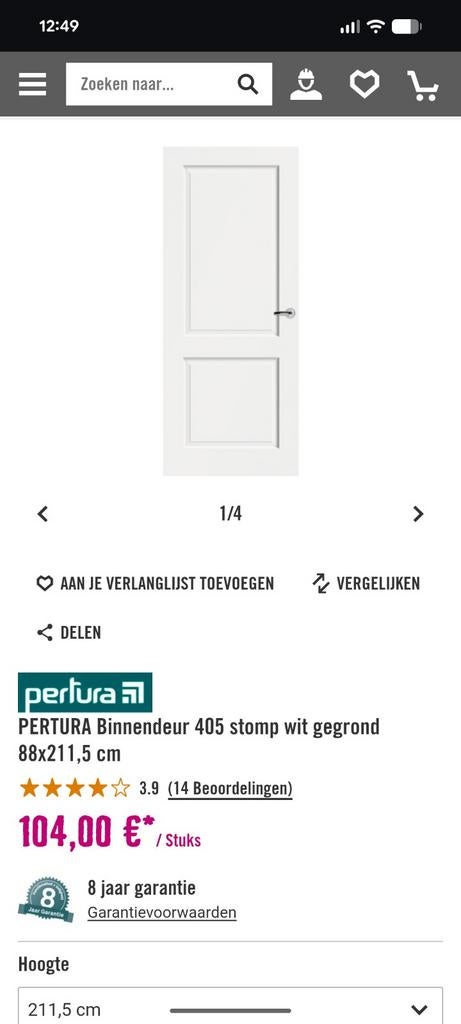 5 nieuwe binnendeuren 88x211,5 stomp pertura 405 wit gegrond, Ophalen, 80 tot 100 cm, Binnendeur, Nieuw