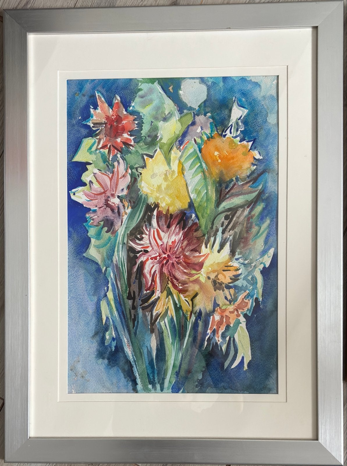 Levendig Aquarel Bloemstuk - 38x56 cm, met lijst 57x77cm, Aquarel, Origineel werk, Papier, Ophalen