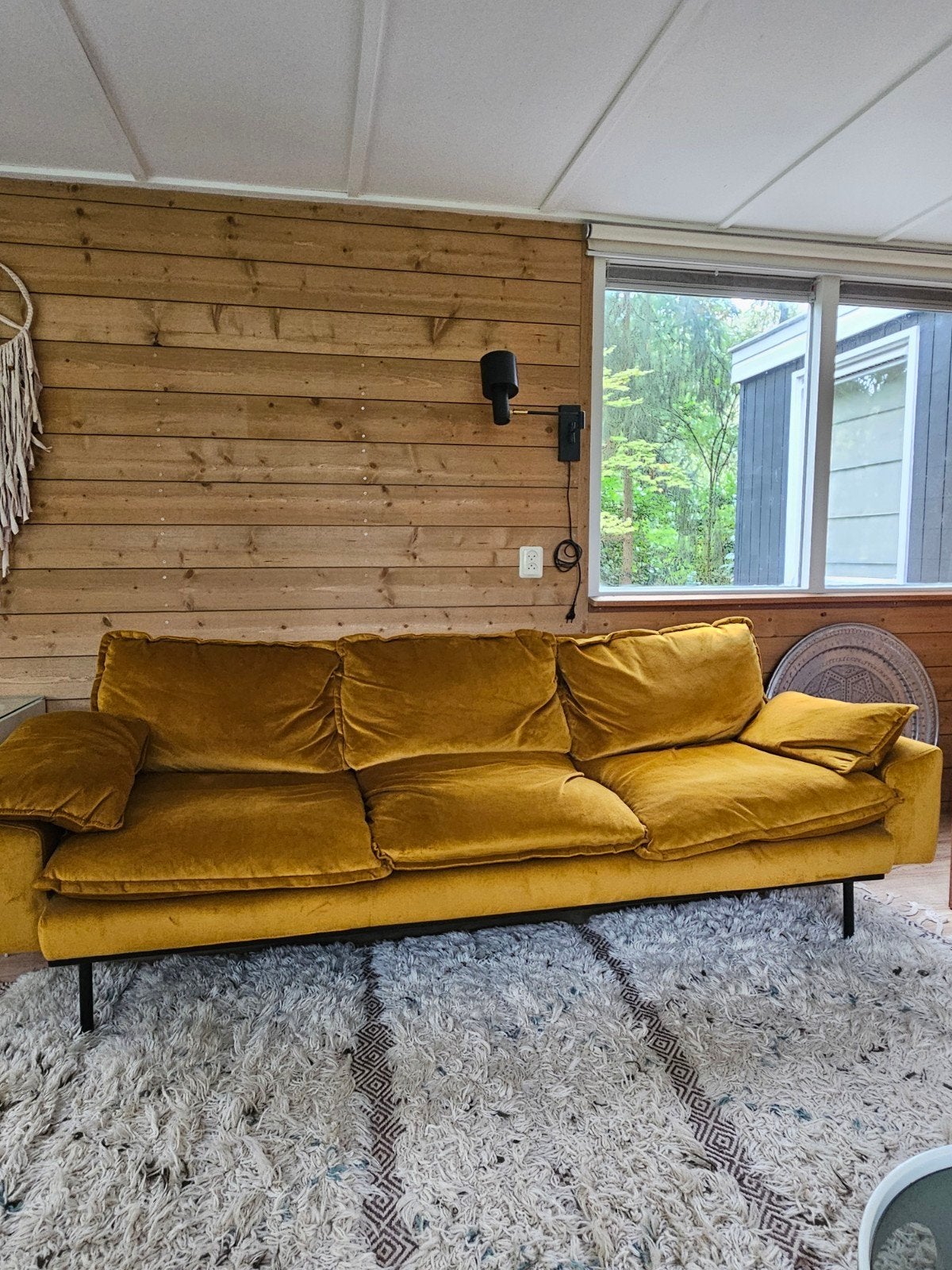 HK Living Retro bank  (230x90x76cm), okergeel, fluweel, Ophalen, Gebruikt, Driepersoons, 75 tot 100 cm