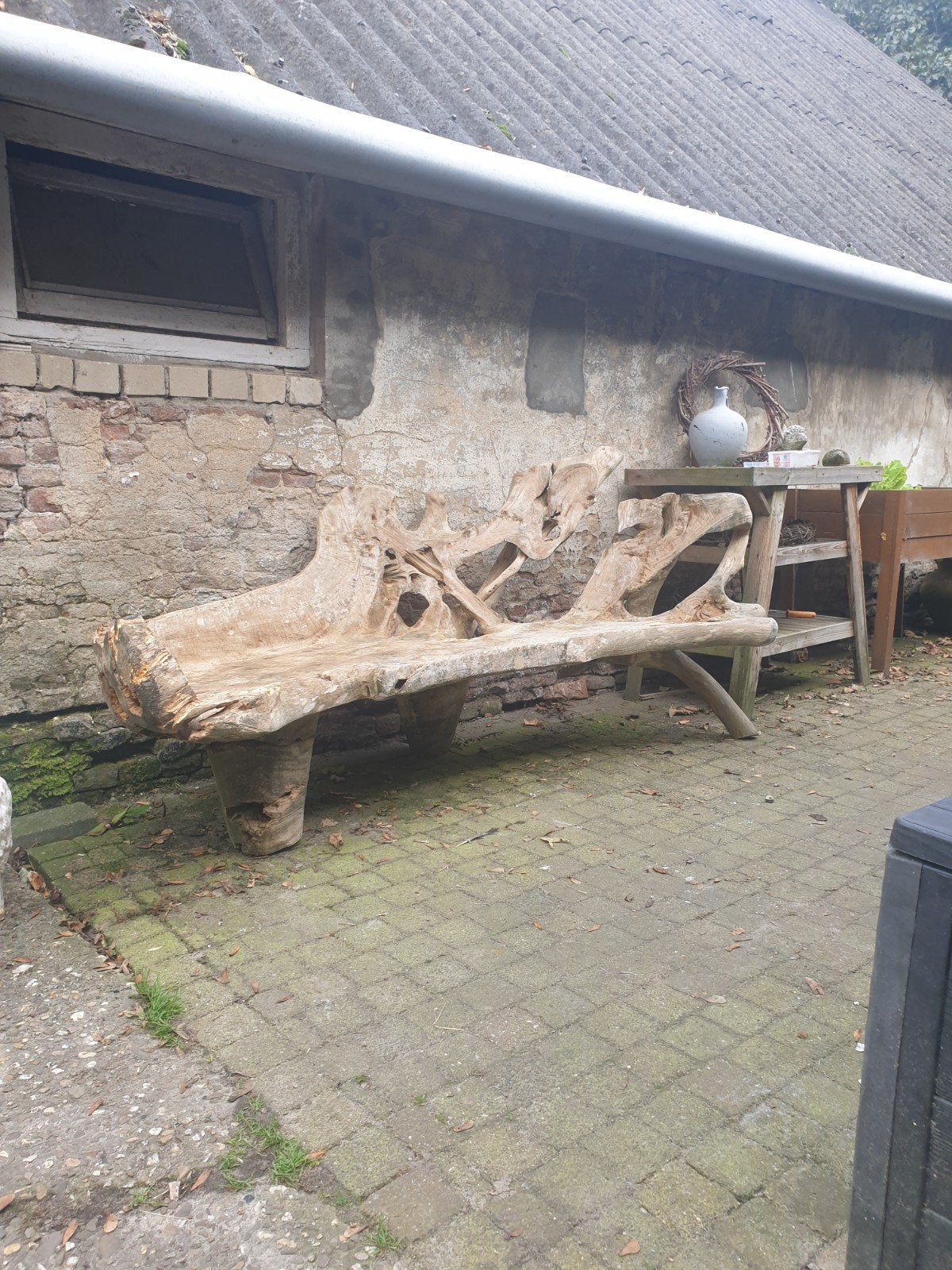 Unieke boomstambank teak wortelhout voor in de tuin, Ophalen, Gebruikt, Hout