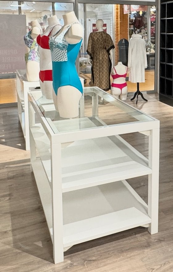 Grote winkel-presentatietafel met glasplaat | 250cm, Ophalen, Glas, Hout met glazenplaat, 200 cm of meer
