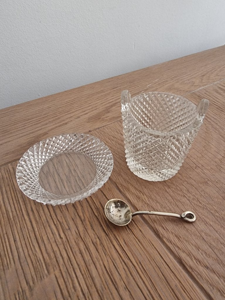 Kristallen zoutstel Wilhelmina-slijpsel met lepeltje ca.1900, Ophalen of Verzenden, Nieuw