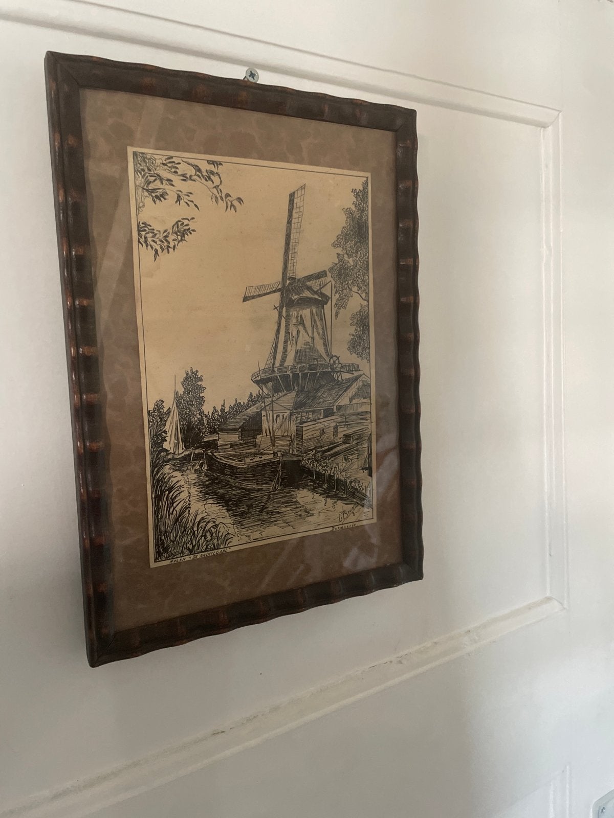 Ingelijste ets van Hollandse molen aan het water, Antiek en Kunst, Kunst | Etsen en Gravures, Ingelijst, Ets, Ophalen of Verzenden