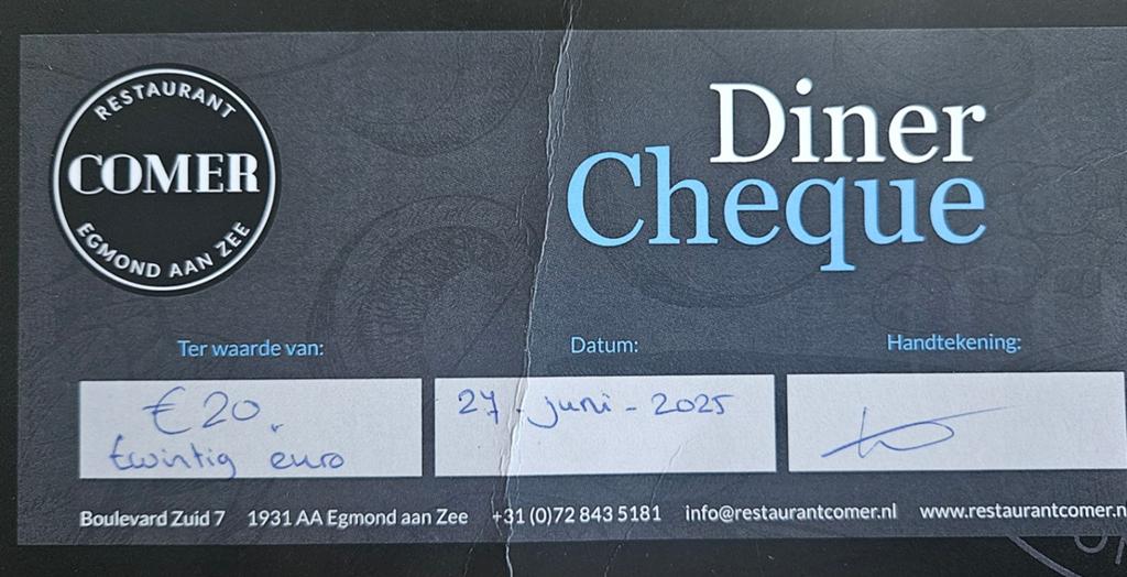 Dinercheque Restaurant Comer Egmond aan Zee, Tickets en Kaartjes, Twee personen, Cadeaubon