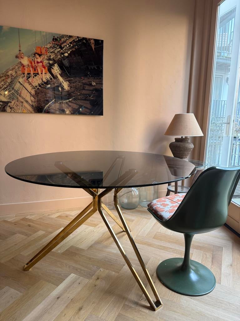 ronde glazen tafel met gouden onderstel Pols Potten, Huis en Inrichting, Gebruikt, Rond, Ophalen of Verzenden, Glas