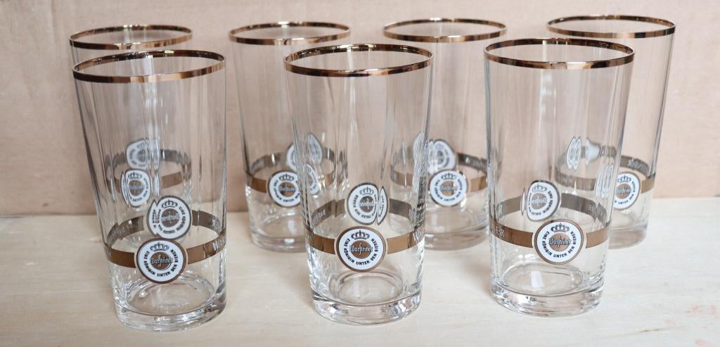 Vintage 7 originele Warsteiner glazen met gouden rand, Ophalen of Verzenden, Zo goed als nieuw, Bierglas