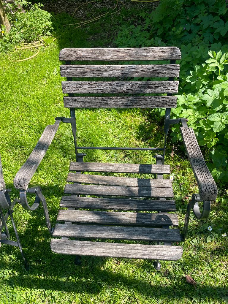 6 biergarden tuinstoelen + 2 voor onderdeelen, Ophalen, Gebruikt, Hout, Inklapbaar