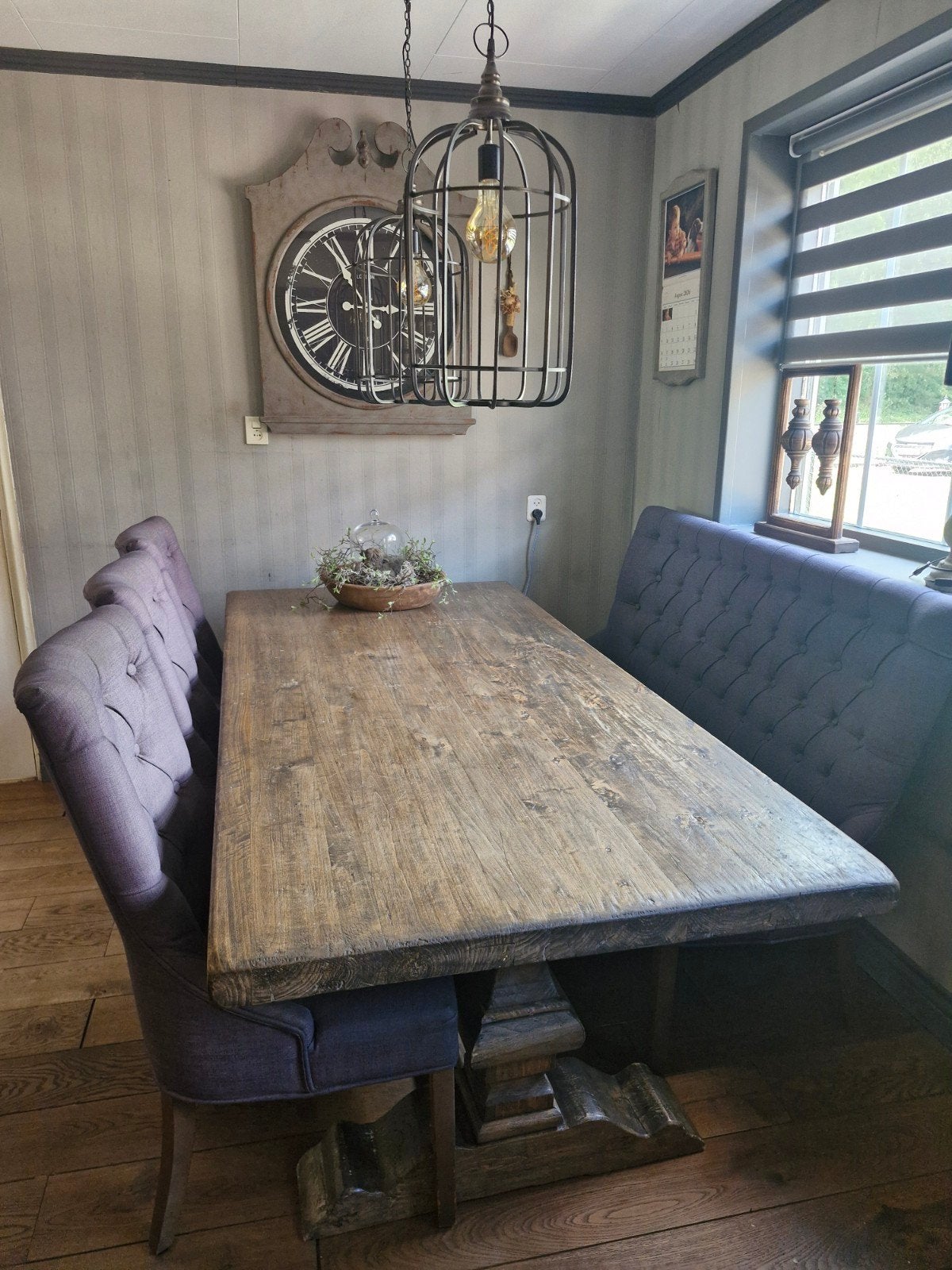 Robuuste Kloostertafel  eethoek met bankje en 3 stoelen, Huis en Inrichting, Tafels | Eettafels, Ophalen, Gebruikt, Landelijke, robuuste stijl